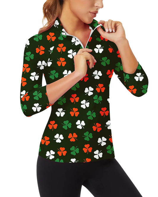 Soneven Women's 3/4 Sleeve Equestrian Polo Shirt - 3/4 Sleeve-st Patrick's/Leaf, Small