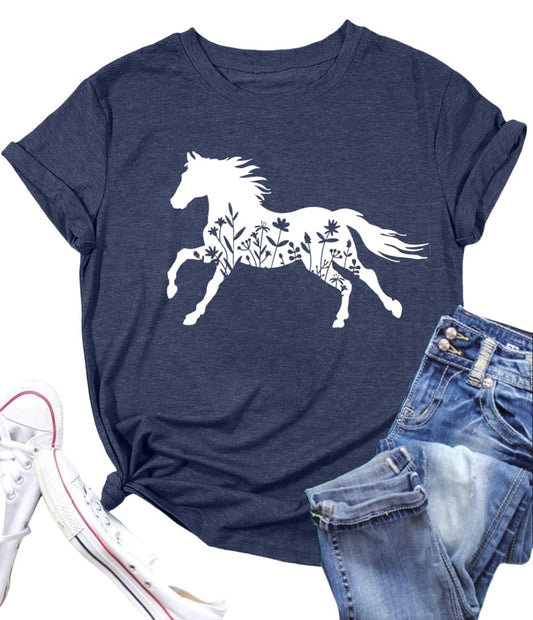 Women's Horse Lover Graphic T-Shirt - Cyan, Large