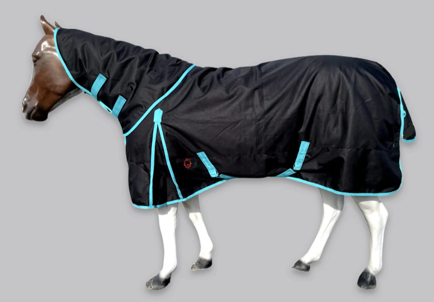 Tech Equestrian 1200D Rain Sheet with Neck Cover - Black-with-Turquoise-Trim, 76