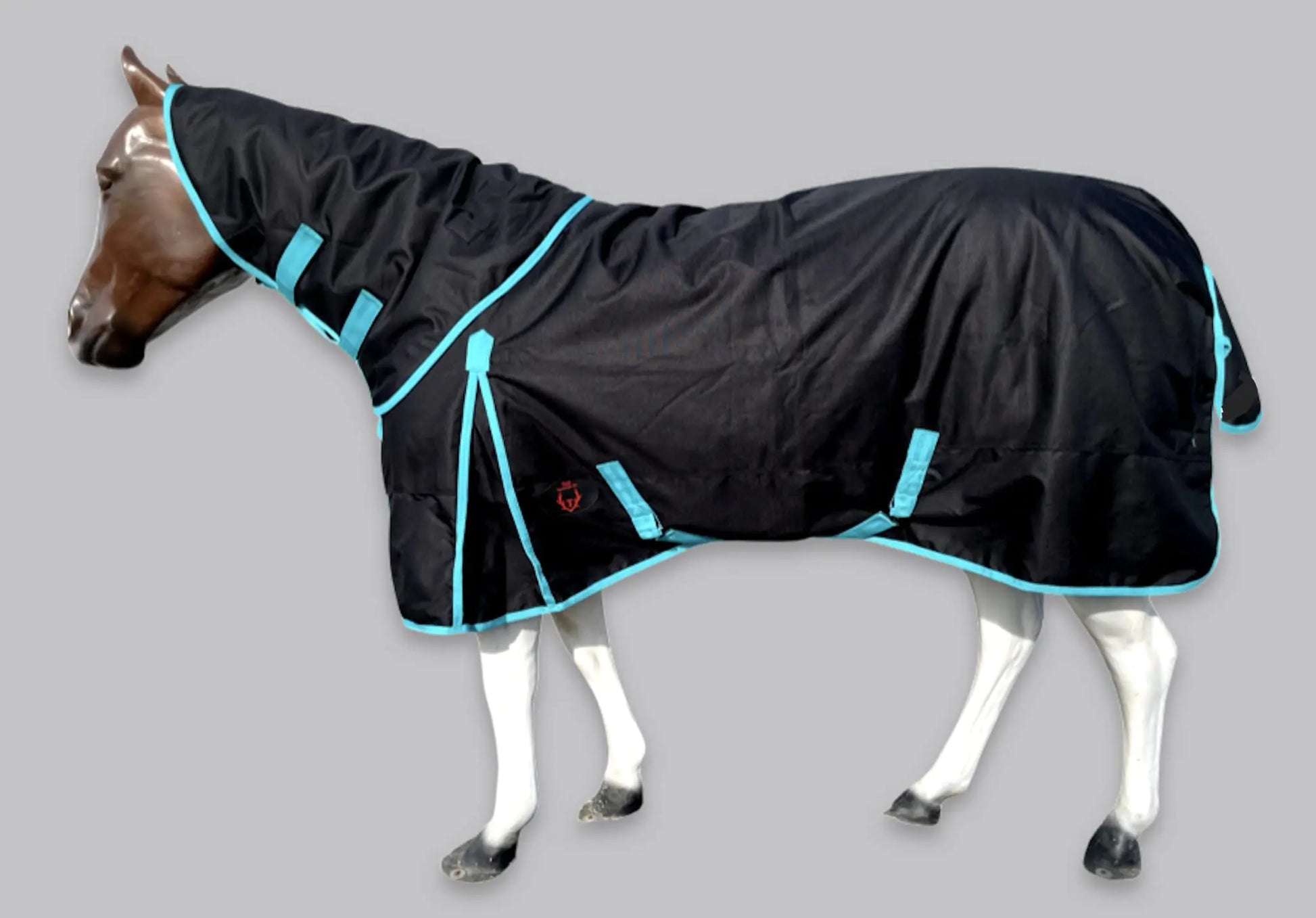Tech Equestrian 1200D Rain Sheet with Neck Cover - Black-with-Turquoise-Trim, 76